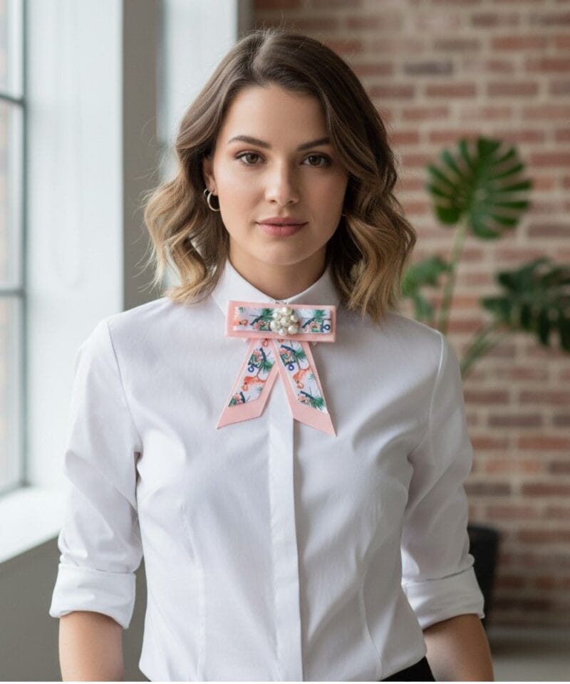 Strikdas Flamingo Pearls-roze-pink-broche-kraagjes-hemd-details-dames-dassen-stropdassen-groen-parels-print-musthave-fashion-kopen-model