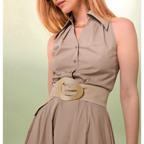 Suede-Riem-ovale gesp taupe brede-leren-dames-riemen-trendy-gouden-gesp-kopen-bestellen model