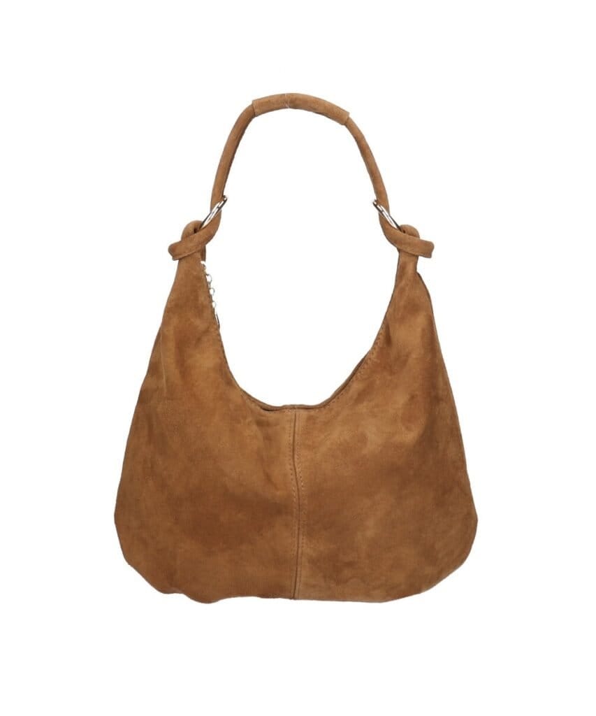 Suede Schoudertas Briana cognac zacht suede goud beslag trendy dames tassen kopen bestellen