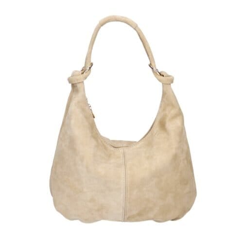 Suede Schoudertas Briana taupe zacht suede goud beslag trendy dames tassen kopen bestellen
