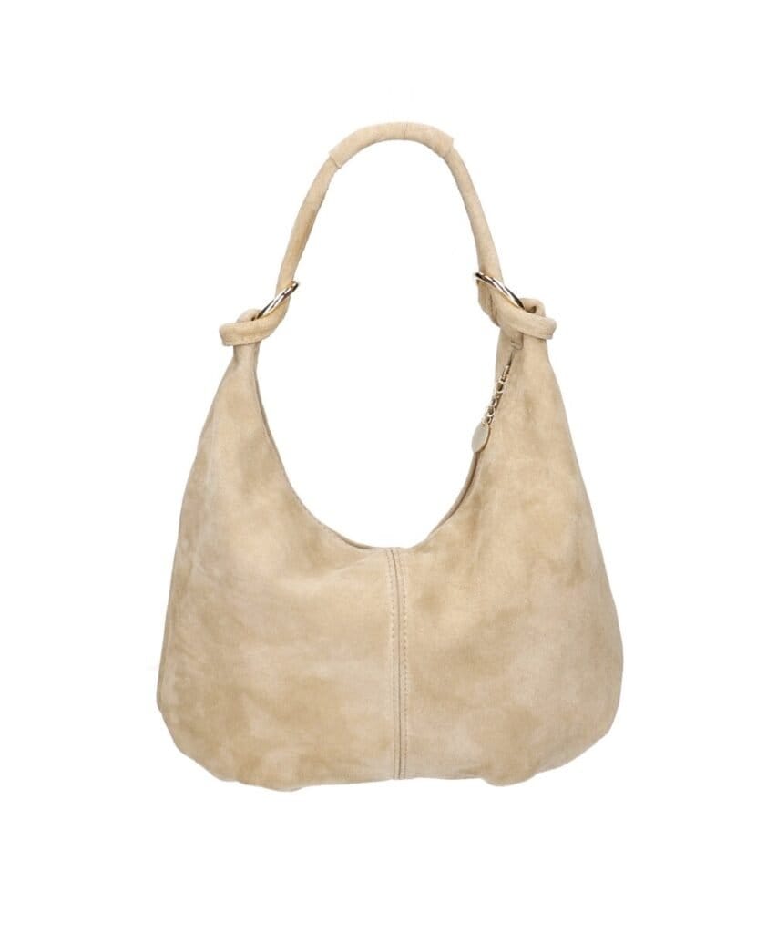 Suede Schoudertas Briana taupe zacht suede goud beslag trendy dames tassen kopen bestellen achterkant