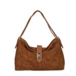 Suede Schoudertas Mareta donker cognac leer schoudertassen goud draaislot kopen bestellen chique