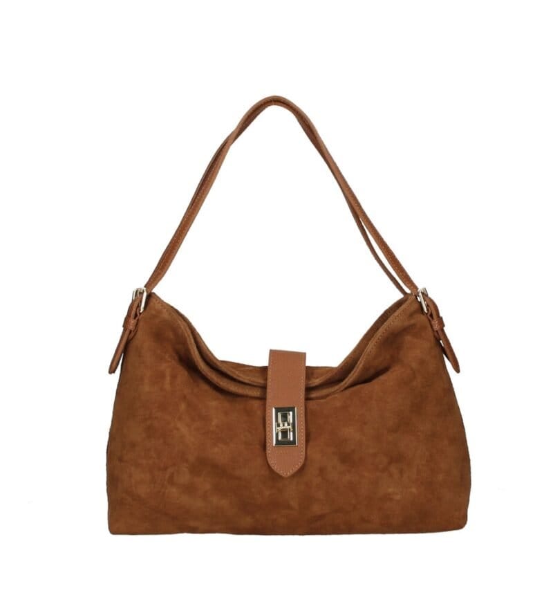 Suede Schoudertas Mareta donker cognac leer schoudertassen goud draaislot kopen bestellen chique