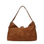Suede Schoudertas Mareta donker cognac leer schoudertassen goud draaislot kopen bestellen chique achterkant