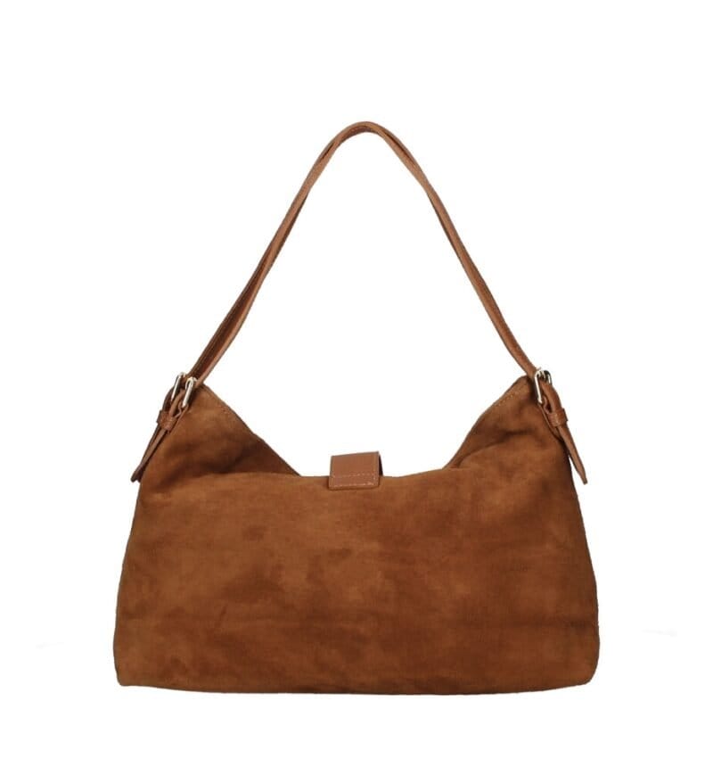 Suede Schoudertas Mareta donker cognac leer schoudertassen goud draaislot kopen bestellen chique achterkant