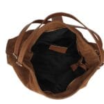 Suede Schoudertas Mareta donker cognac leer schoudertassen goud draaislot kopen bestellen chique binnenkant