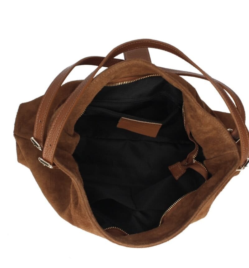 Suede Schoudertas Mareta donker cognac leer schoudertassen goud draaislot kopen bestellen chique binnenkant