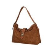 Suede Schoudertas Mareta donker cognac leer schoudertassen goud draaislot kopen bestellen chique zij