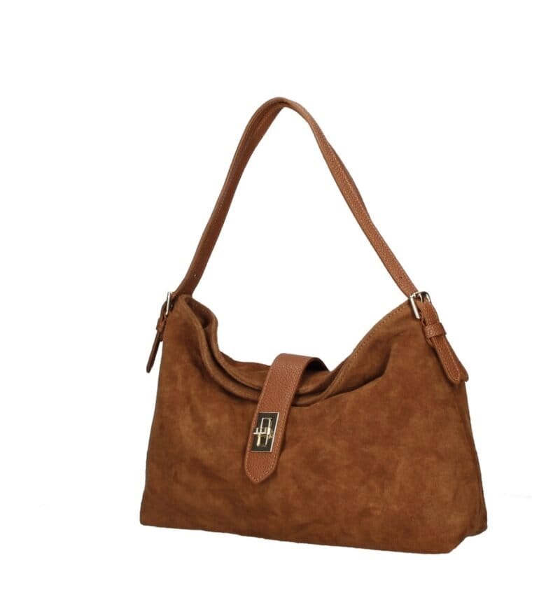 Suede Schoudertas Mareta donker cognac leer schoudertassen goud draaislot kopen bestellen chique zij