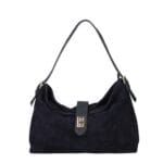 Suede Schoudertas Mareta donkerblauw blauwe navy leer schoudertassen goud draaislot kopen bestellen chique