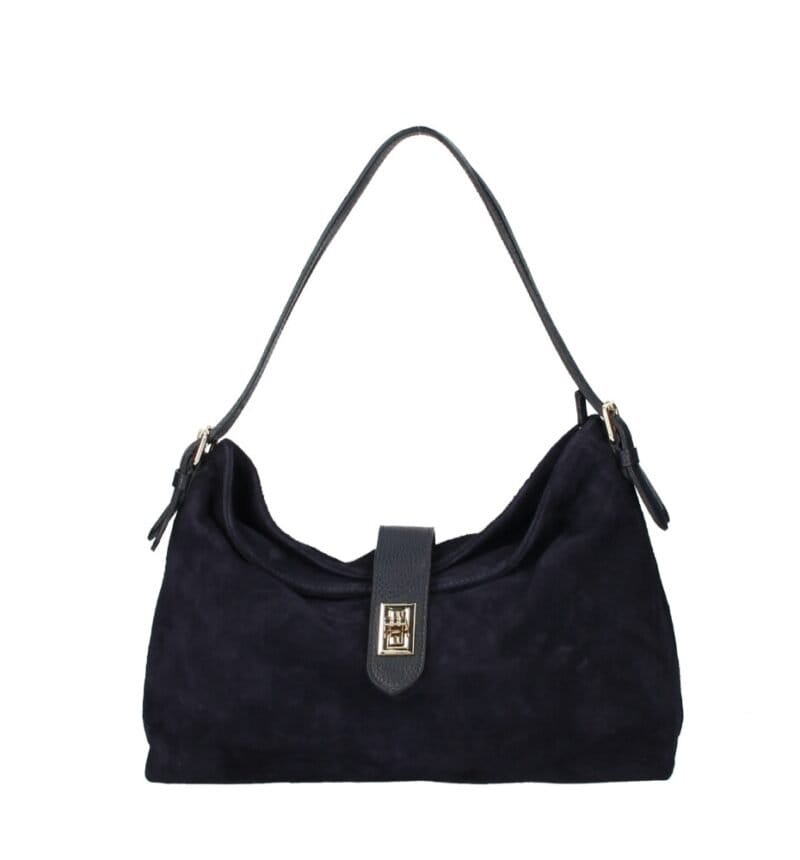 Suede Schoudertas Mareta donkerblauw blauwe navy leer schoudertassen goud draaislot kopen bestellen chique