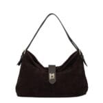 Suede Schoudertas Mareta donkerbruin bruine leer schoudertassen goud draaislot kopen bestellen chique