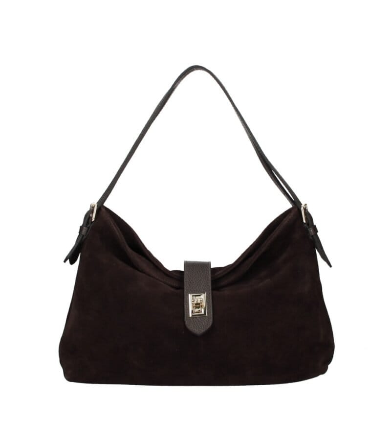 Suede Schoudertas Mareta donkerbruin bruine leer schoudertassen goud draaislot kopen bestellen chique