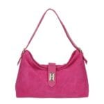 Suede Schoudertas Mareta fuchsia leer schoudertassen goud draaislot kopen bestellen chique