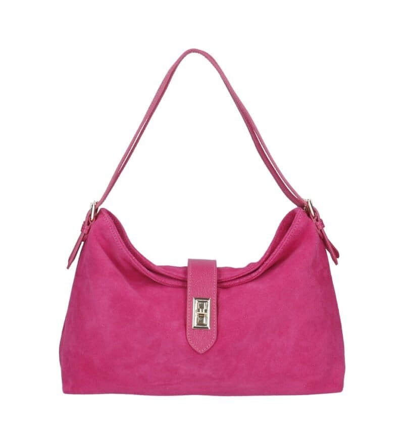 Suede Schoudertas Mareta fuchsia leer schoudertassen goud draaislot kopen bestellen chique