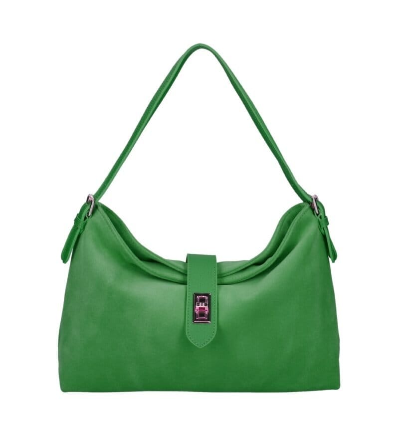 Suede Schoudertas Mareta groen groene leer schoudertassen goud draaislot kopen bestellen chique