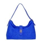 Suede Schoudertas Mareta kobalt blauw blauwe leer schoudertassen goud draaislot kopen bestellen chique