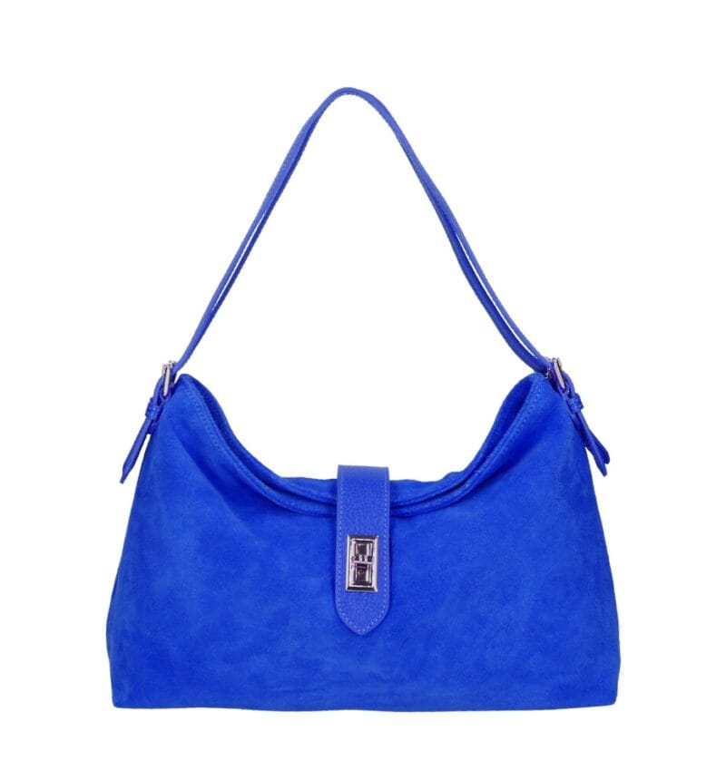 Suede Schoudertas Mareta kobalt blauw blauwe leer schoudertassen goud draaislot kopen bestellen chique