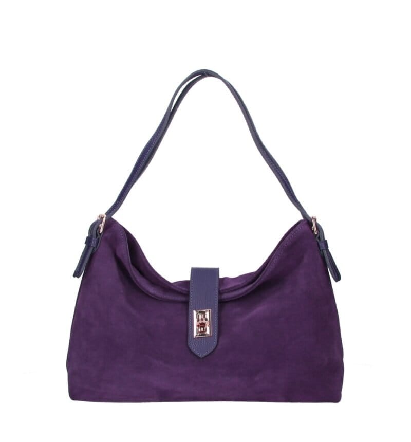 Suede Schoudertas Mareta paars paarse . leer schoudertassen goud draaislot kopen bestellen chique