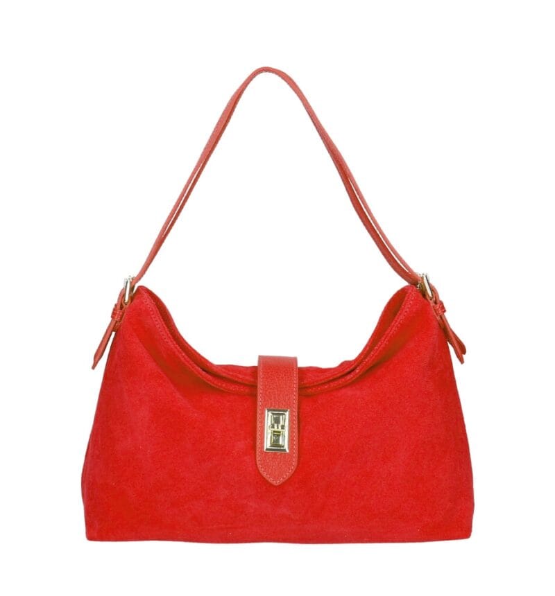 Suede Schoudertas Mareta rood rode leer schoudertassen goud draaislot kopen bestellen chique