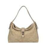 Suede Schoudertas Mareta taupe leer schoudertassen goud draaislot kopen bestellen chique