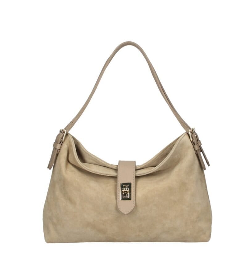 Suede Schoudertas Mareta taupe leer schoudertassen goud draaislot kopen bestellen chique