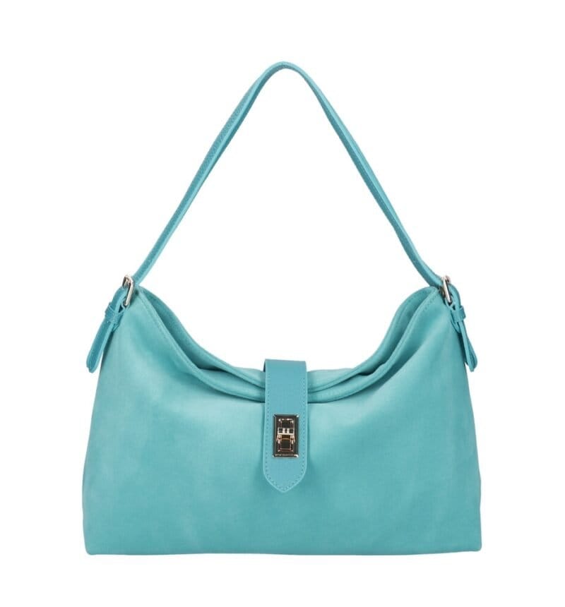 Suede Schoudertas Mareta turquoise leer schoudertassen goud draaislot kopen bestellen chique