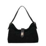 Suede Schoudertas Mareta zwart zwarte leer schoudertassen goud draaislot kopen bestellen chique