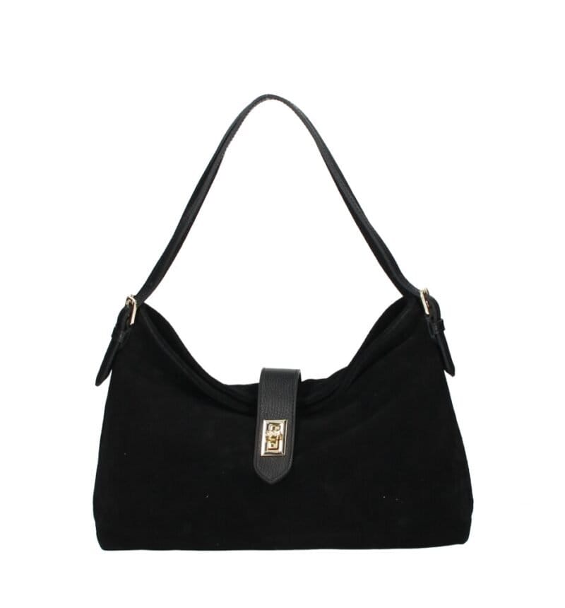 Suede Schoudertas Mareta zwart zwarte leer schoudertassen goud draaislot kopen bestellen chique