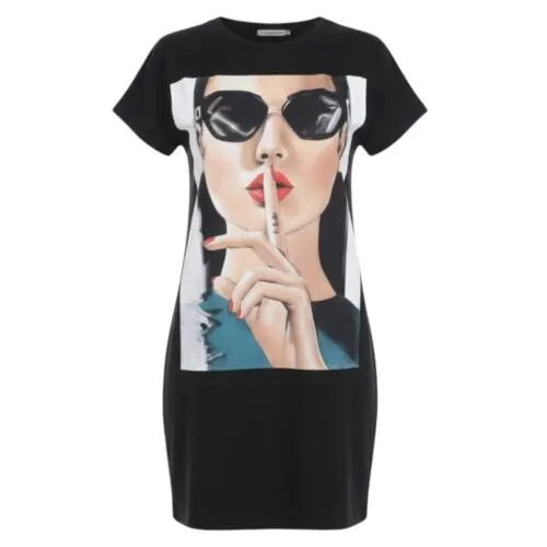 T Shirt Jurk Shhh -zwarte-zwart-lang-shirt-truitje-met-trendy-fashion-print-dame-bril-en-peace-teken-kleding-online-modemusthaves-kopen -Photoroom