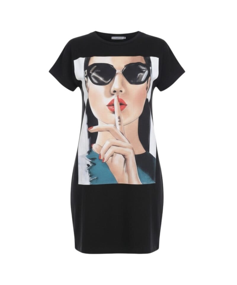 T Shirt Jurk Shhh -zwarte-zwart-lang-shirt-truitje-met-trendy-fashion-print-dame-bril-en-peace-teken-kleding-online-modemusthaves-kopen -Photoroom