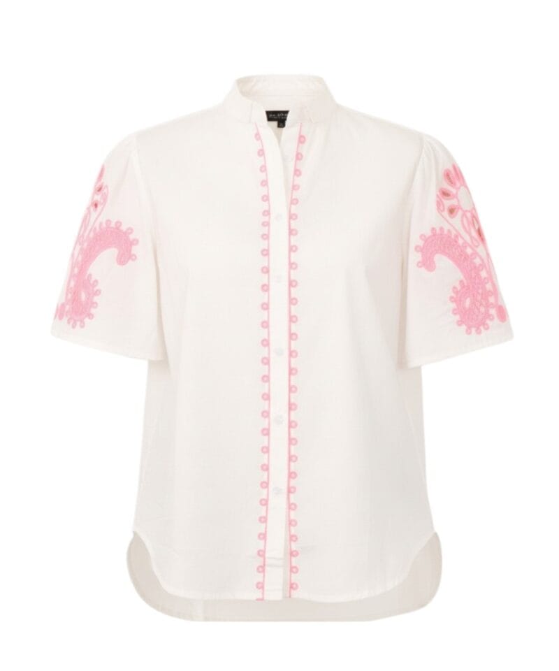 Wit Hemd Boho Pink witte dames hemden blouses met geborduurde roze details katoenen zomer kleding bestellen -Photoroom