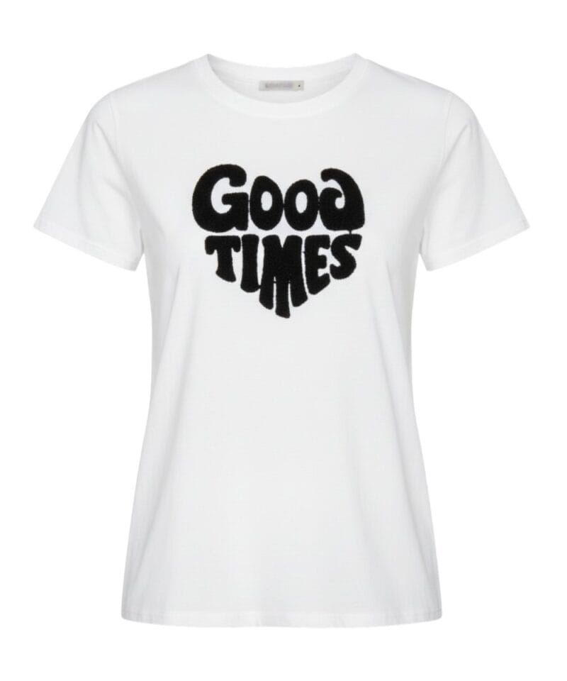 Wit Shirt Good TImes wite dames strech t shirts tops wollen aplicatie tekst By CLara tops truitjes kopen bestellen -Photoroom
