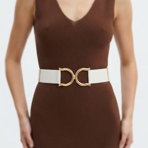 Witte-Stretch-Riem-Gold-Buckle-wit-verstelbare-dames-riemen-elastisch-gouden-gesp-kopen-bestellen-chique model