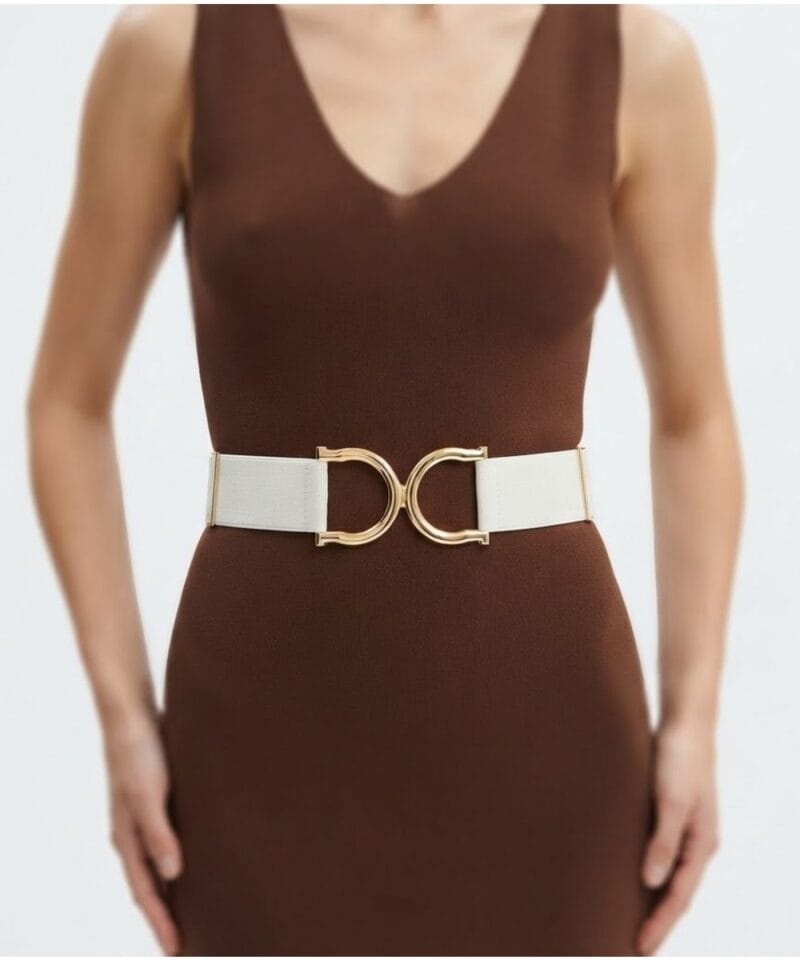 Witte-Stretch-Riem-Gold-Buckle-wit-verstelbare-dames-riemen-elastisch-gouden-gesp-kopen-bestellen-chique model