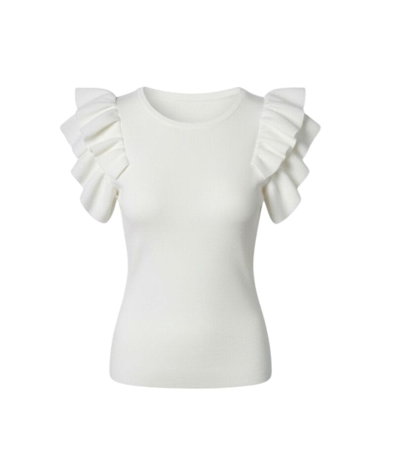 Witte Trui Vollant wit ronde hals dames topjes tops ruches mouw trendy kleding top bestellen kopen -Photoroom