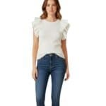 Witte Trui Vollant wit ronde hals dames topjes tops ruches mouw trendy kleding top bestellen kopen model-Photoroom