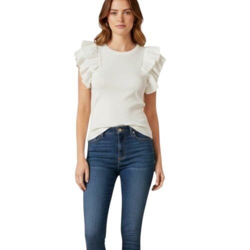 Witte Trui Vollant wit ronde hals dames topjes tops ruches mouw trendy kleding top bestellen kopen model-Photoroom