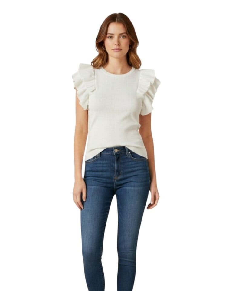 Witte Trui Vollant wit ronde hals dames topjes tops ruches mouw trendy kleding top bestellen kopen model-Photoroom