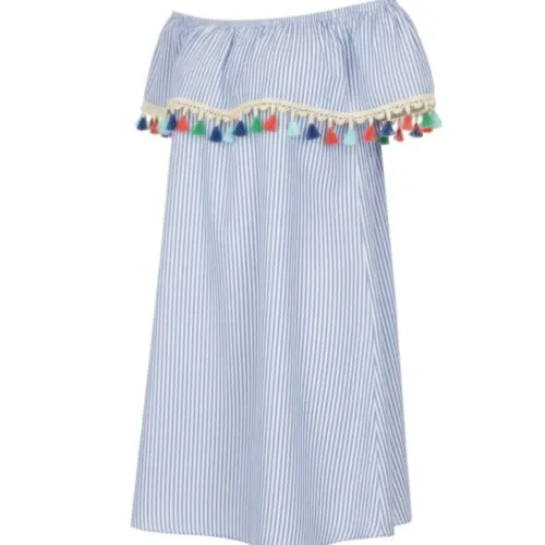 Zomer Jurk Nienke Boho-Jurk-blauw-blauwe-wit-gestreept-open-schouders-off-the-shoulder-gekleurde-kwastjes-musthave-bohemian-dames-fashion-jurken--Photoroom
