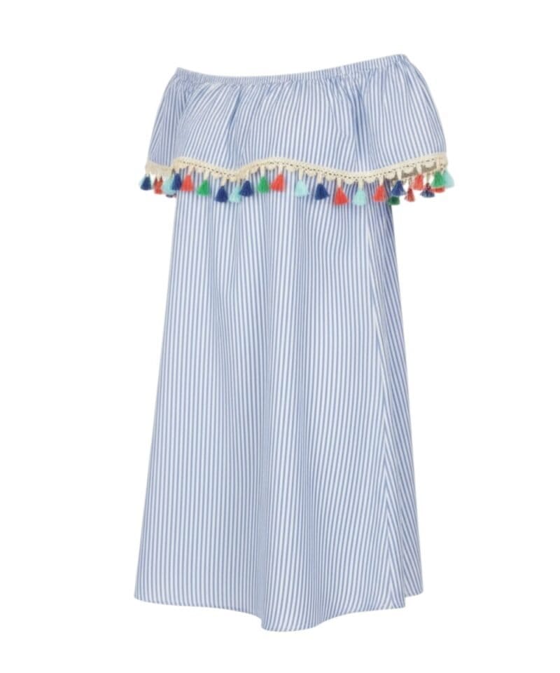Zomer Jurk Nienke Boho-Jurk-blauw-blauwe-wit-gestreept-open-schouders-off-the-shoulder-gekleurde-kwastjes-musthave-bohemian-dames-fashion-jurken--Photoroom