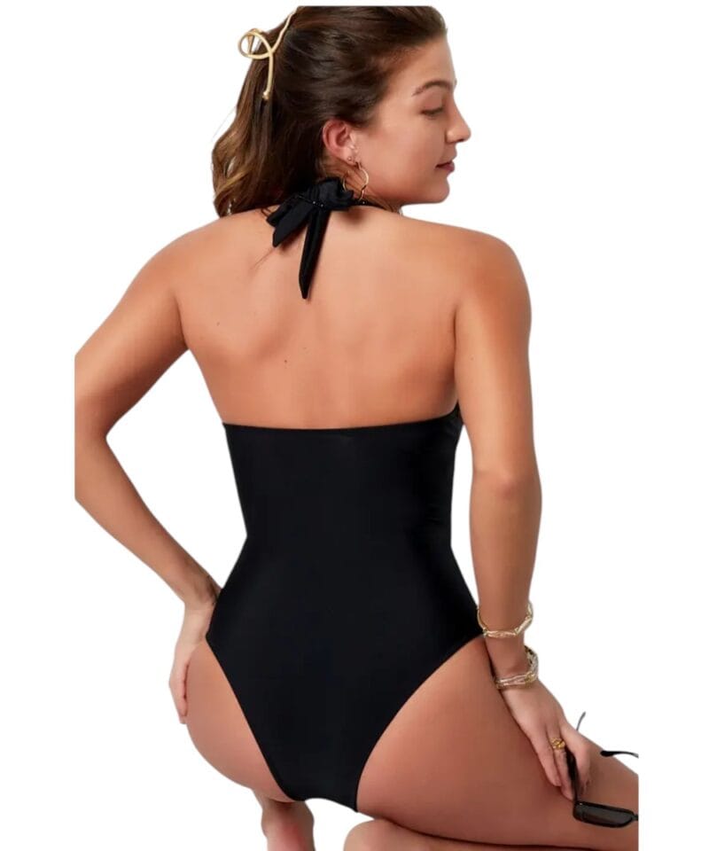 Zwart Badpak Gold Stripes zwarte sexy dames badpakken open buik detail trendy yehwang zwemkleding kopen bestellen achter 1-Photoroom