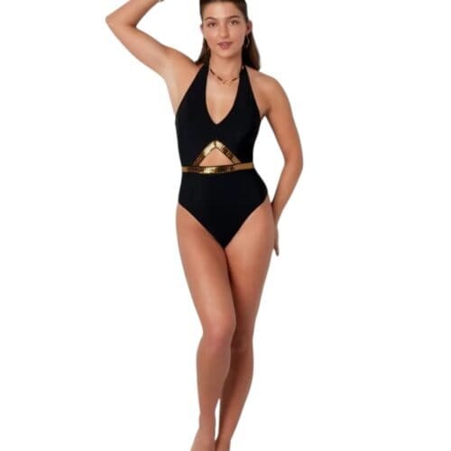 Zwart Badpak Gold Stripes zwarte sexy dames badpakken open buik detail trendy yehwang zwemkleding kopen bestellen details -Photoroom