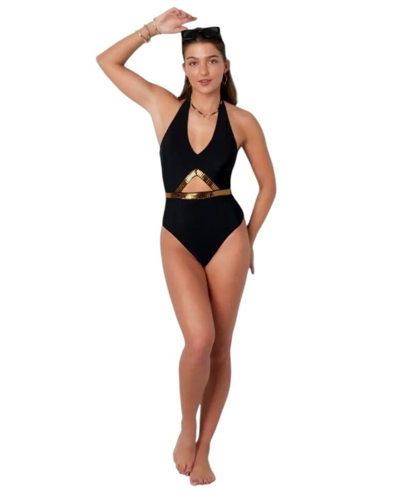 Zwart Badpak Gold Stripes zwarte sexy dames badpakken open buik detail trendy yehwang zwemkleding kopen bestellen details -Photoroom