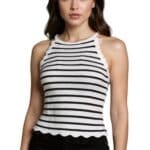 witte Halter Top Sara zwart gestreepte scallop geschulpte delen mouwloze topjes kopen fashion model-Photoroom