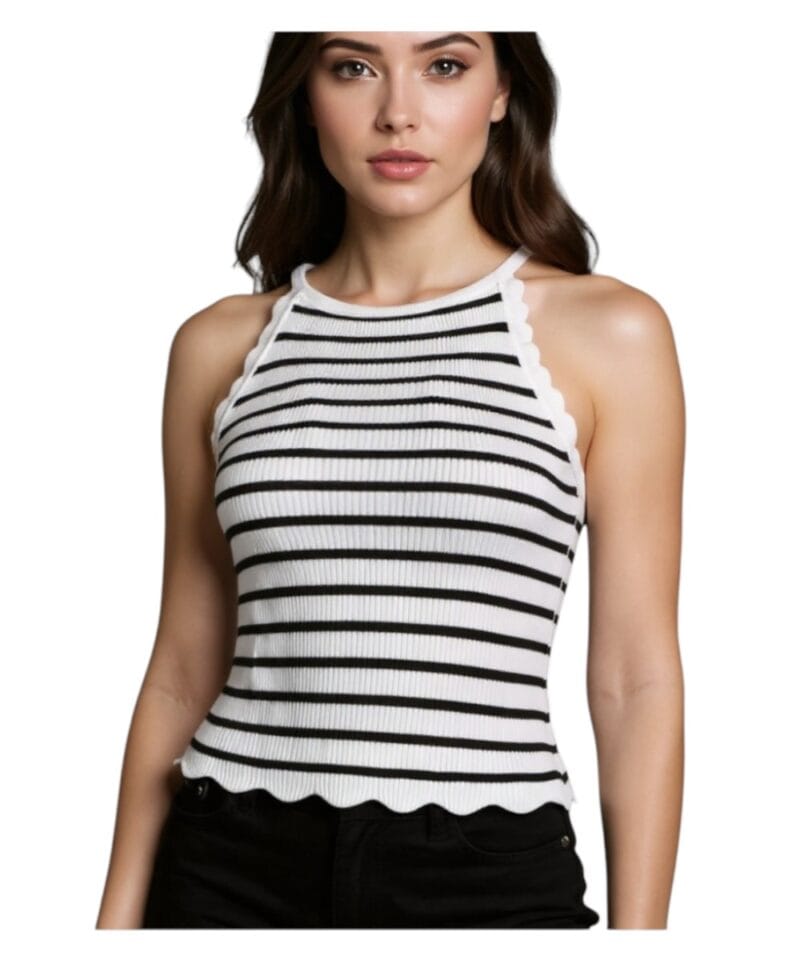 witte Halter Top Sara zwart gestreepte scallop geschulpte delen mouwloze topjes kopen fashion model-Photoroom