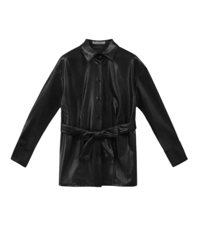 Zwarte Leather Look Blouse Zwart Leren Blouses dames Hemd hemden Ceintuur lange blousen kopen bestellen-Photoroom