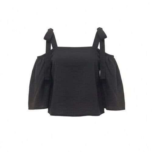 Zwarte Off-Shoulder Top met Strikdetails dames topjes truitjes trendy dames kleding kopen bestellen