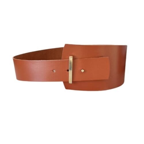 cognac-Leren-Riem-Asymmetrische-cognac-brede-riemen-a-symmetrische-brede-leer-dames-riemen-ceinturen-goud-beslag-overslag-riem-kopen-bestellen-Joss-mode