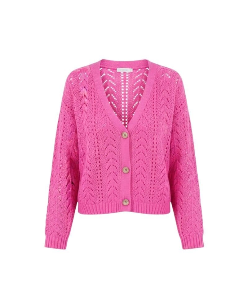 fuchsia Vest Marilou roze pink gehaakt v hals knopen trendy fashion korte vesten cardigans dames kleding kopen bestellen nu-Photoroom